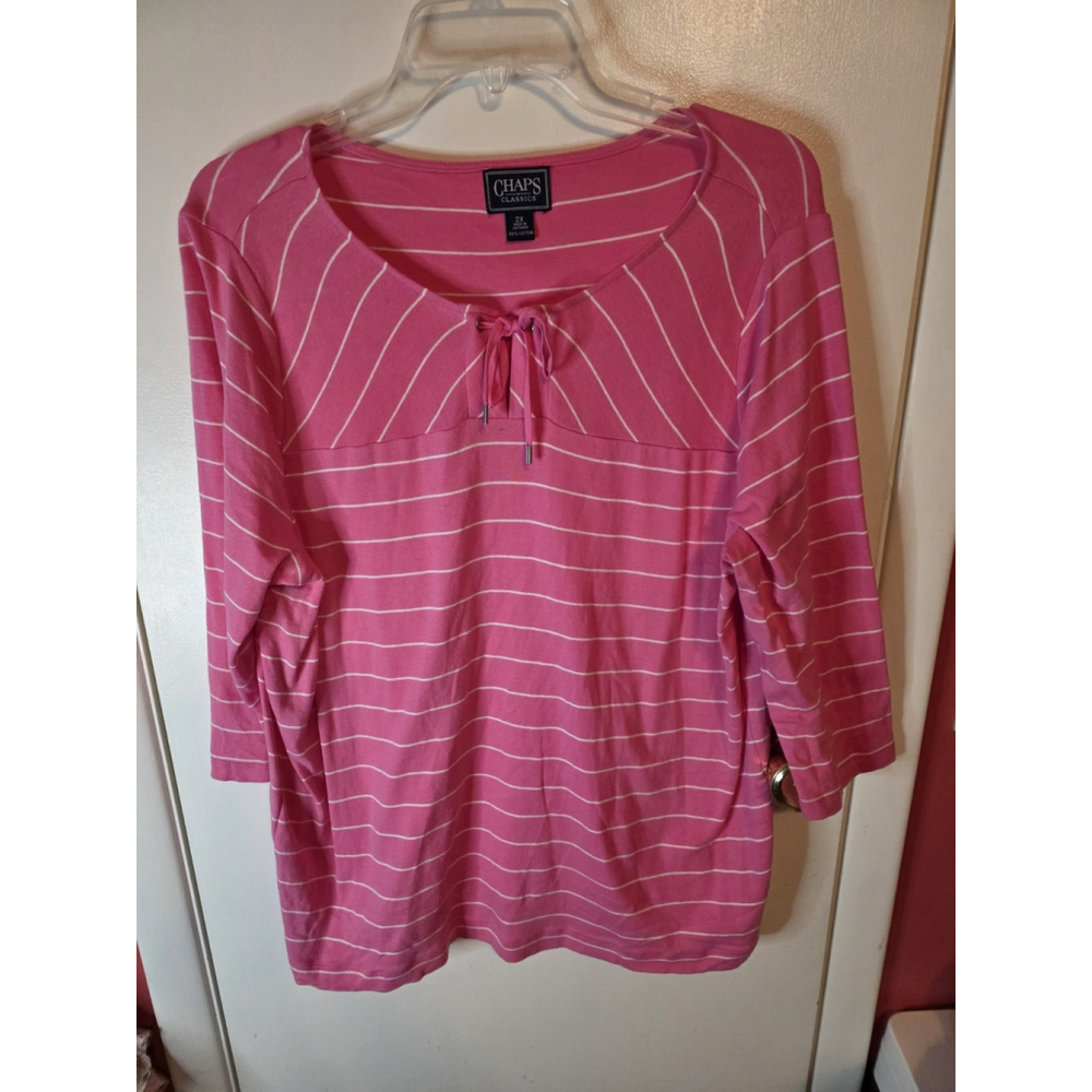 Chaps Womens Striped 3/4 Sleeve Scoop Neck Ruched Cotton Size 2X
